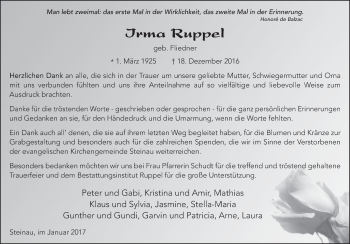 Traueranzeige von Irma Ruppel 