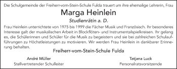 Traueranzeige von Marga Heinlein 