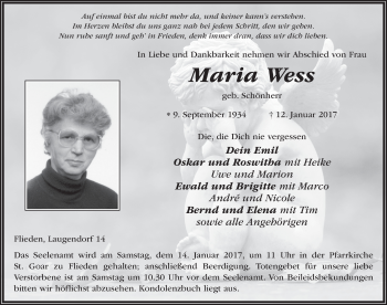 Traueranzeige von Maria Wess 