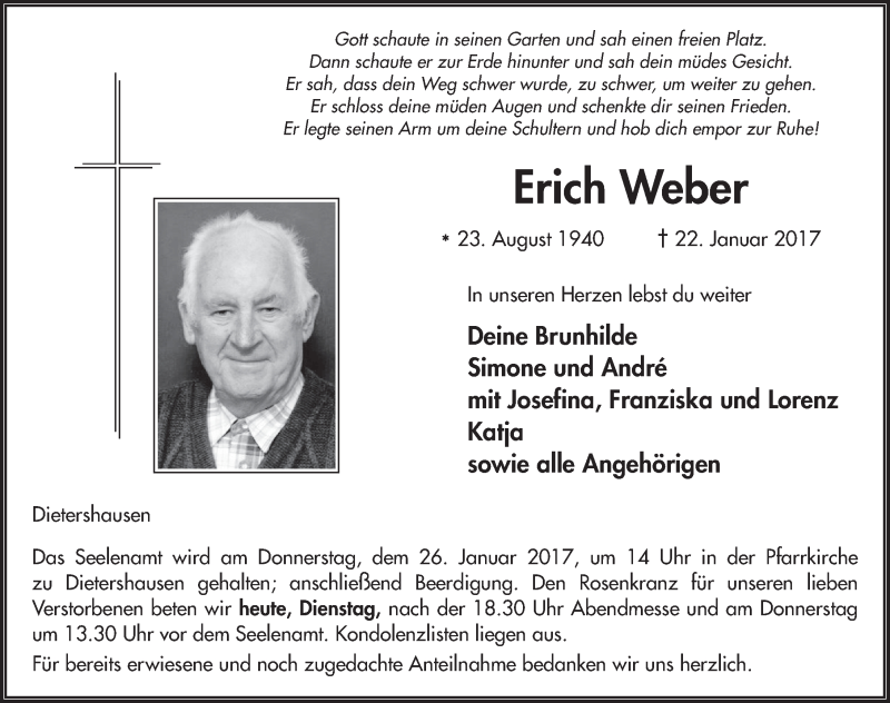  Traueranzeige für Erich Weber vom 24.01.2017 aus 