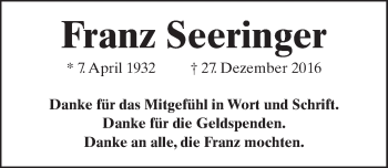 Traueranzeige von Franz Seeringer 