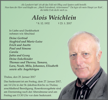 Traueranzeige von Alois Weichlein 