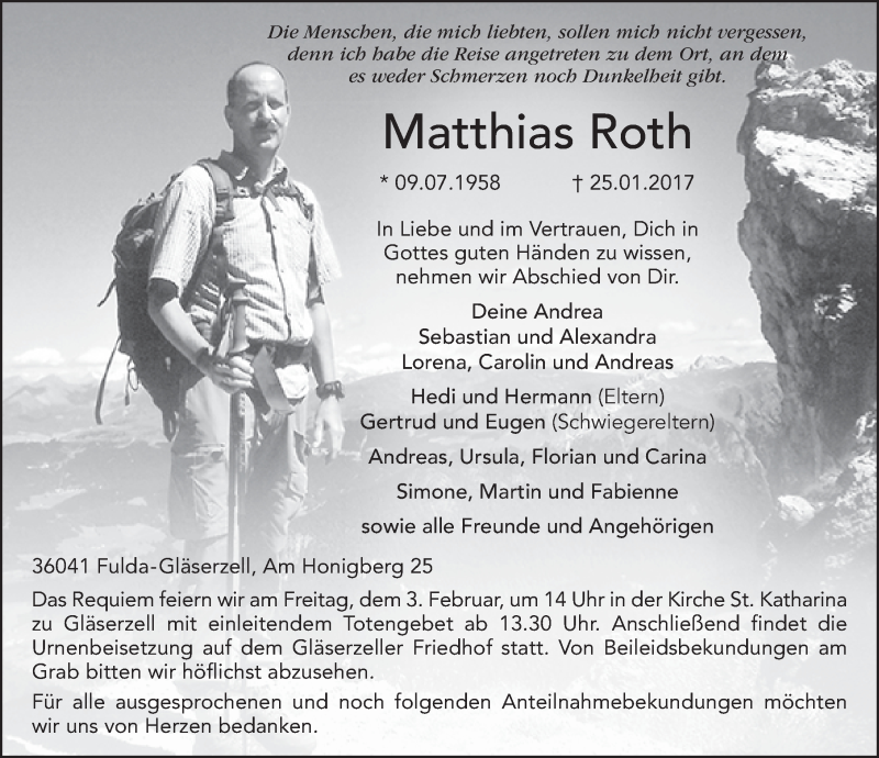  Traueranzeige für Matthias Roth vom 31.01.2017 aus 