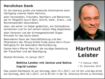 Traueranzeige von Hartmut Leister 