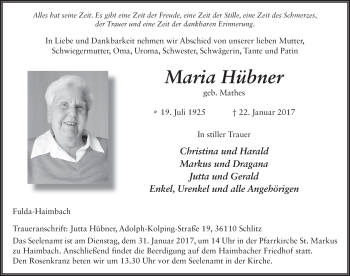 Traueranzeige von Maria Hübner 