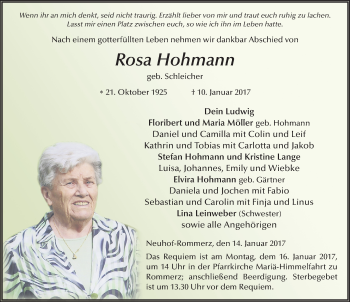 Traueranzeige von Rosa Hohmann 