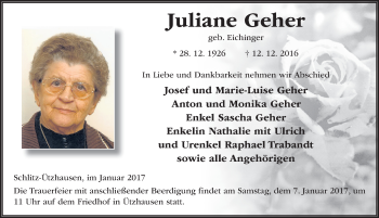 Traueranzeige von Juliane Geher 