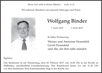 Traueranzeige von Wolfgang Binder 