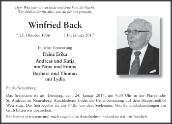 Traueranzeige von Winfried Back 