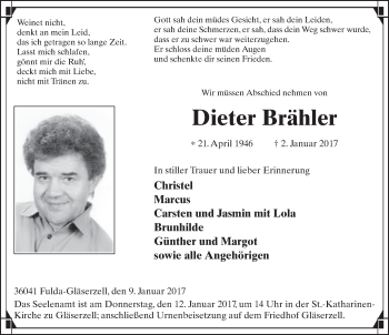 Traueranzeige von Dieter Brähler 
