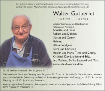 Traueranzeige von Walter Gutberlet 
