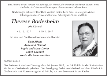 Traueranzeige von Therese Bodesheim 
