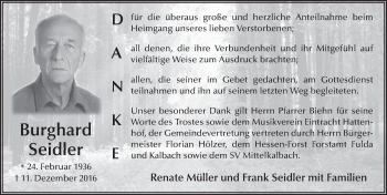 Traueranzeige von Burghard Seidler 