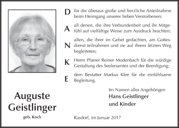 Traueranzeige von Auguste Geistlinger 