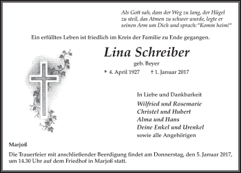 Traueranzeige von Lina Schreiber 