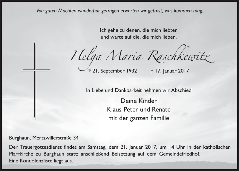  Traueranzeige für Helga Maria Raschkewitz vom 19.01.2017 aus 