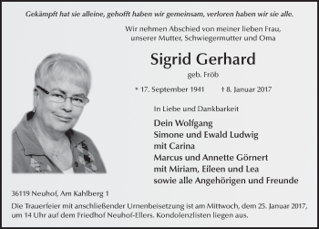 Traueranzeige von Sigrid Gerhard 