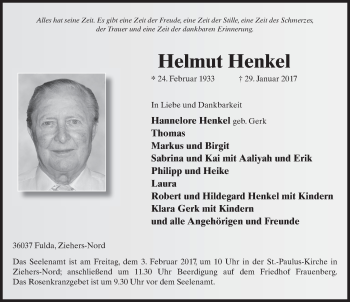 Traueranzeige von Helmut Henkel 