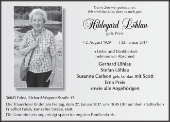 Traueranzeige von Hildegard Löhlau 