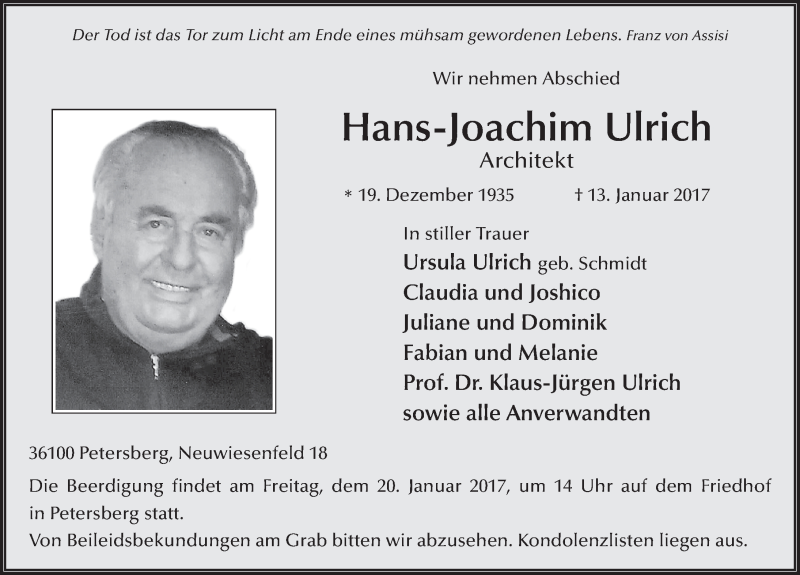  Traueranzeige für Hans-Joachim Ulrich vom 18.01.2017 aus 
