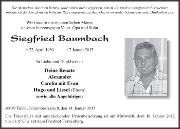 Traueranzeige von Siegfried Baumbach 