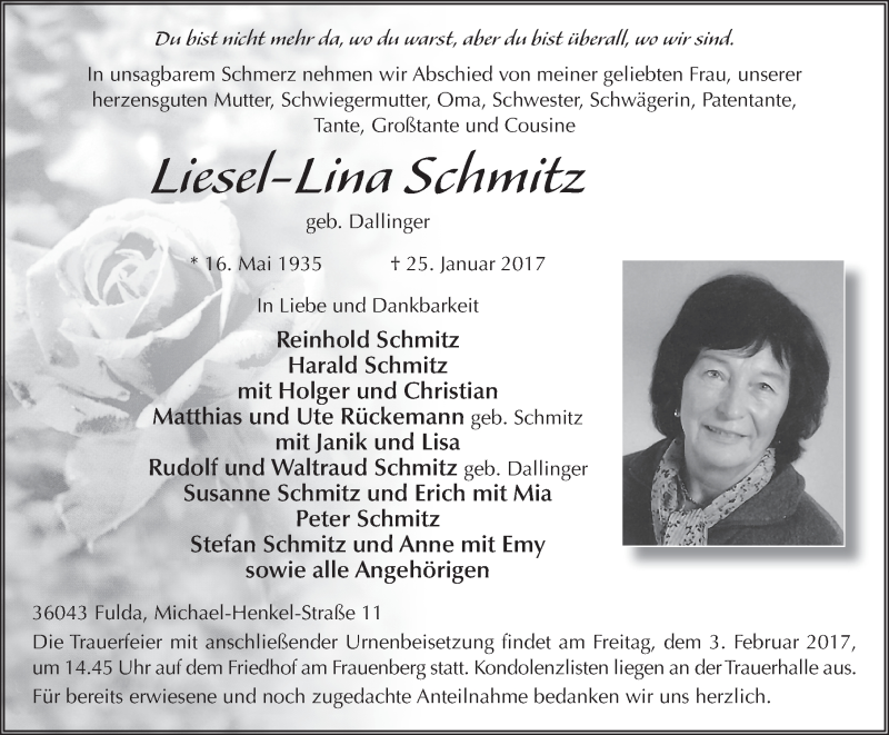  Traueranzeige für Liesel-Lina Schmitz vom 31.01.2017 aus 