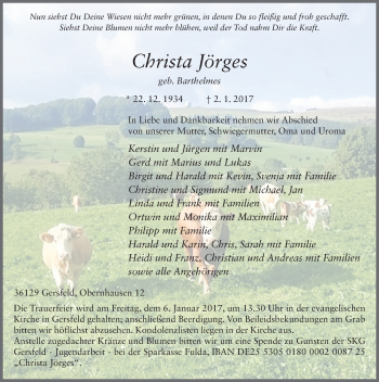 Traueranzeige von Christa Jörges 