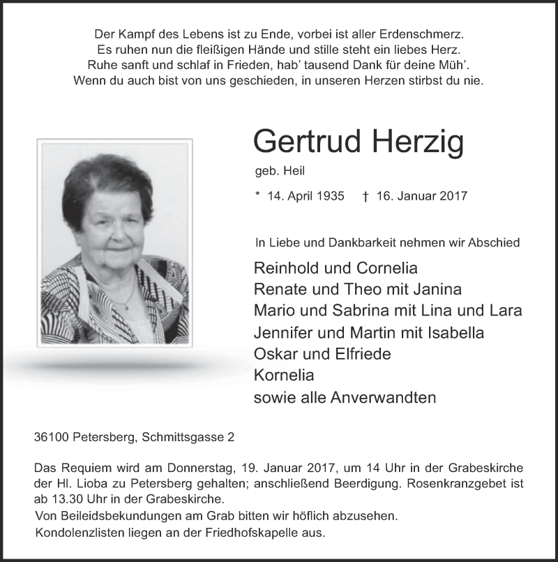 Traueranzeige für Gertrud Herzig vom 18.01.2017 aus 