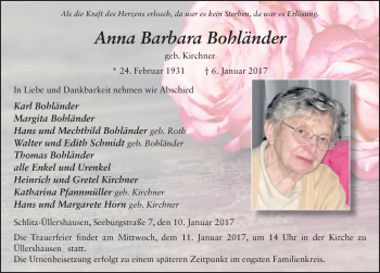 Traueranzeige von Anna Barbara Bohländer 