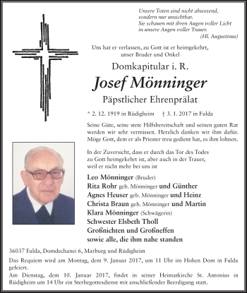 Traueranzeige von Josef Mönninger 
