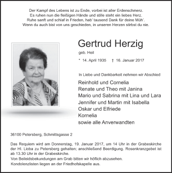 Traueranzeige von Gertrud Herzig 