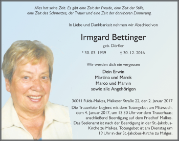 Traueranzeige von Irmgard Bettinger 