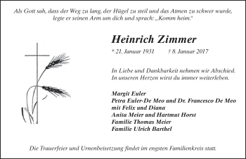 Traueranzeige von Heinrich Zimmer 