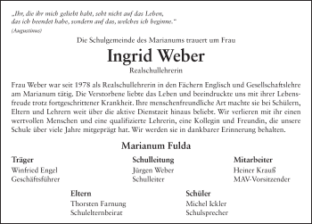 Traueranzeige von Ingrid Weber 