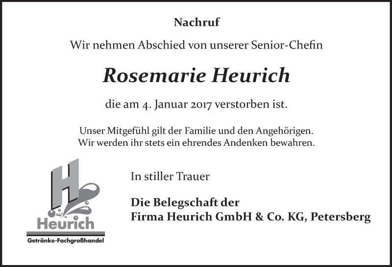  Traueranzeige für Rosemarie Heurich vom 07.01.2017 aus 