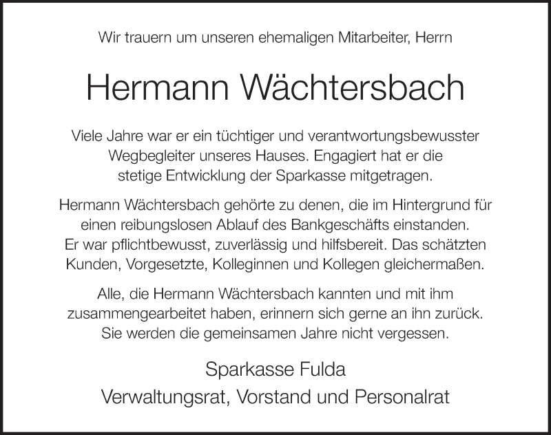  Traueranzeige für Hermann Wächtersbach vom 19.01.2017 aus 