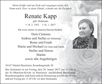 Traueranzeige von Renate Kapp 