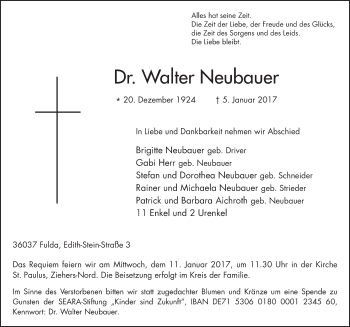 Traueranzeige von Walter Neubauer 