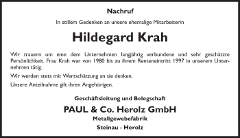 Traueranzeige von Hildegard Krah 
