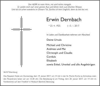 Traueranzeige von Erwin Dernbach 
