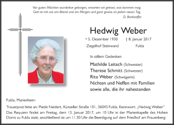 Traueranzeige von Hedwig Weber 