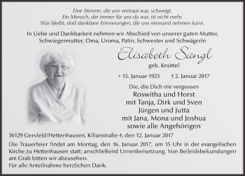Traueranzeige von Elisabeth Sangl 