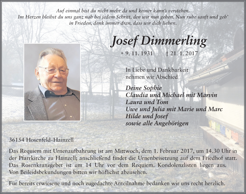  Traueranzeige für Josef Dimmerling vom 28.01.2017 aus 