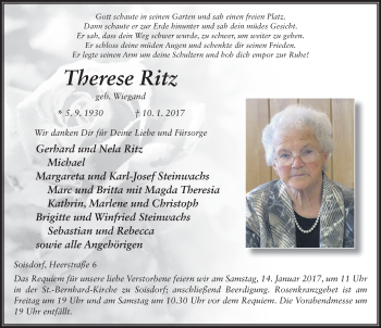 Traueranzeige von Therese Ritz 