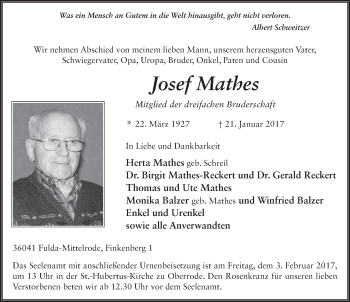 Traueranzeige von Josef Mathes 