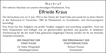 Traueranzeige von Elfriede Kraus 