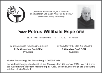 Traueranzeige von Petrus Willibald Espe 
