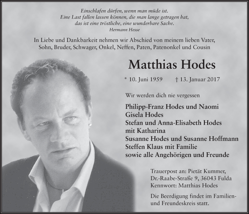  Traueranzeige für Matthias Hodes vom 18.01.2017 aus 