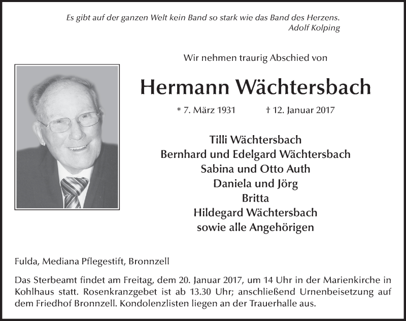  Traueranzeige für Hermann Wächtersbach vom 17.01.2017 aus 