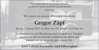Traueranzeige von Gregor Zäpf 